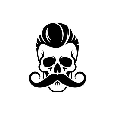 Minimalist siyah-beyaz kafatası ikonu, şık bir gidon bıyığı ve pompadour saçı var. Yenilikçi berber dükkanları ve dövme tasarımları için ideal..