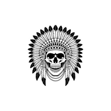 Geleneksel Amerikan Yerlisi tüylü, boncuklu savaş başlığı takan bir insan kafatasının siyah ve beyaz vektörü..
