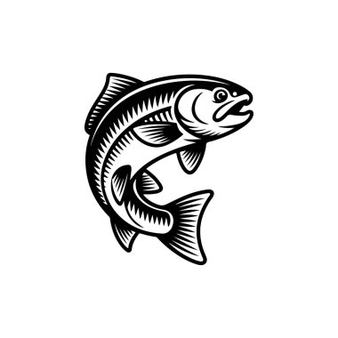 Zıplayan somon balığının siyah ve beyaz vektör simgesi. Karmaşık ölçekli desenleri ve yüzgeçleri var. Deniz ürünleri markalaşması ya da balık tutma logoları için mükemmel..