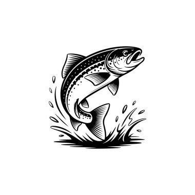 Zıplayan somon balığının siyah ve beyaz vektör simgesi. Karmaşık ölçekli desenleri ve yüzgeçleri var. Deniz ürünleri markalaşması ya da balık tutma logoları için mükemmel..
