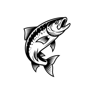 Zıplayan somon balığının siyah ve beyaz vektör simgesi. Karmaşık ölçekli desenleri ve yüzgeçleri var. Deniz ürünleri markalaşması ya da balık tutma logoları için mükemmel..