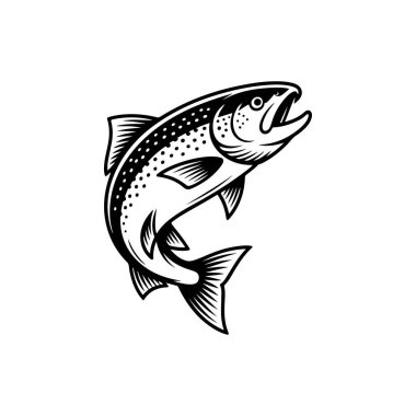 Zıplayan somon balığının siyah ve beyaz vektör simgesi. Karmaşık ölçekli desenleri ve yüzgeçleri var. Deniz ürünleri markalaşması ya da balık tutma logoları için mükemmel..