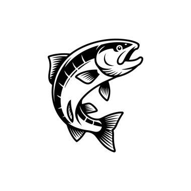 Zıplayan somon balığının siyah ve beyaz vektör simgesi. Karmaşık ölçekli desenleri ve yüzgeçleri var. Deniz ürünleri markalaşması ya da balık tutma logoları için mükemmel..