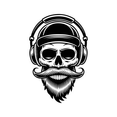 Beyzbol şapkası ve kulaklık takan sakallı bir kafatasının detaylı çizimi. Müzik temalı markalaşma, DJ logoları ya da berber dükkanı grafikleri için mükemmel..