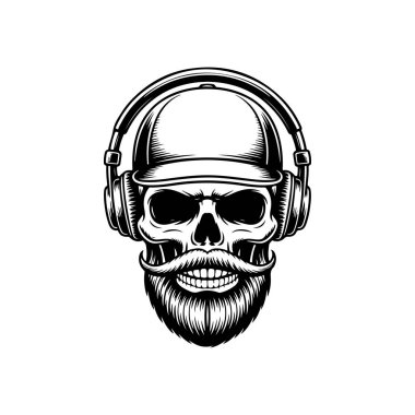 Beyzbol şapkası ve kulaklık takan sakallı bir kafatasının detaylı çizimi. Müzik temalı markalaşma, DJ logoları ya da berber dükkanı grafikleri için mükemmel..
