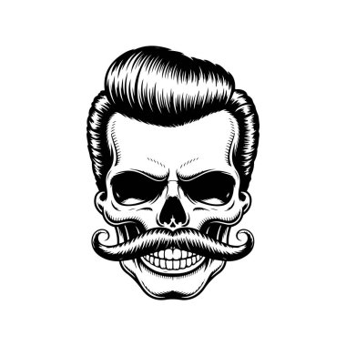 Pompadour saç stili ve kalın bıyıklı bir kafatası tasviri. Modern berber dükkanları için mükemmel hippi tarzı grafikler..