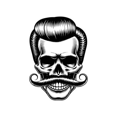 Pompadour saç stili ve kalın bıyıklı bir kafatası tasviri. Modern berber dükkanları için mükemmel hippi tarzı grafikler..