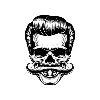 Pompadour saç stili ve kalın bıyıklı bir kafatası tasviri. Modern berber dükkanları için mükemmel hippi tarzı grafikler..