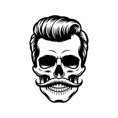 Pompadour saç stili ve kalın bıyıklı bir kafatası tasviri. Modern berber dükkanları için mükemmel hippi tarzı grafikler..