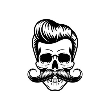 Pompadour saç stili ve kalın bıyıklı bir kafatası tasviri. Modern berber dükkanları için mükemmel hippi tarzı grafikler..