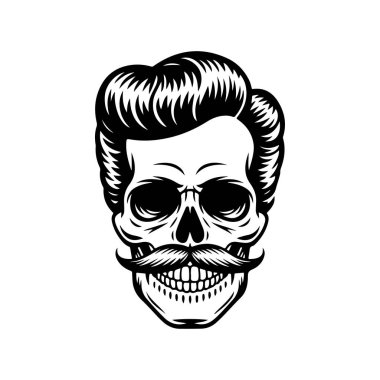 Pompadour saç stili ve kalın bıyıklı bir kafatası tasviri. Modern berber dükkanları için mükemmel hippi tarzı grafikler..