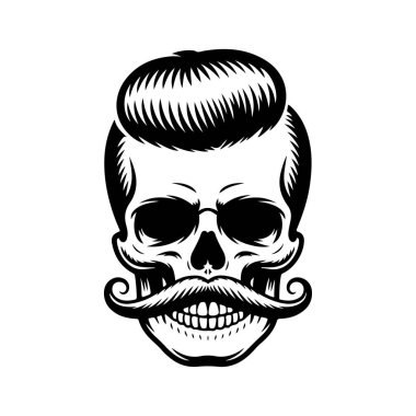 Pompadour saç stili ve kalın bıyıklı bir kafatası tasviri. Modern berber dükkanları için mükemmel hippi tarzı grafikler..