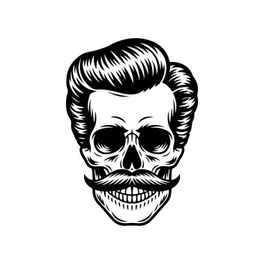 Pompadour saç stili ve kalın bıyıklı bir kafatası tasviri. Modern berber dükkanları için mükemmel hippi tarzı grafikler..