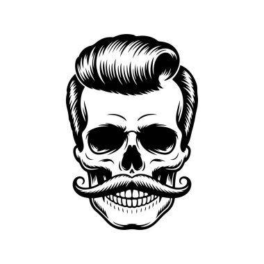 Pompadour saç stili ve kalın bıyıklı bir kafatası tasviri. Modern berber dükkanları için mükemmel hippi tarzı grafikler..