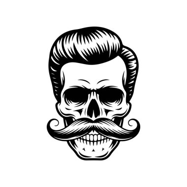 Pompadour saç stili ve kalın bıyıklı bir kafatası tasviri. Modern berber dükkanları için mükemmel hippi tarzı grafikler..