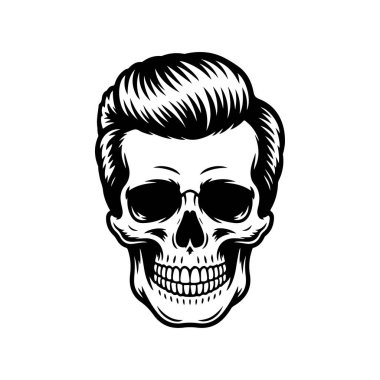 Pompadour saç stili ve kalın bıyıklı bir kafatası tasviri. Modern berber dükkanları için mükemmel hippi tarzı grafikler..