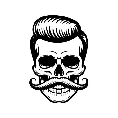 Pompadour saç stili ve kalın bıyıklı bir kafatası tasviri. Modern berber dükkanları için mükemmel hippi tarzı grafikler..