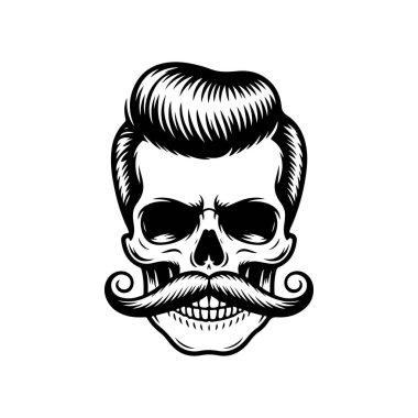 Pompadour saç stili ve kalın bıyıklı bir kafatası tasviri. Modern berber dükkanları için mükemmel hippi tarzı grafikler..