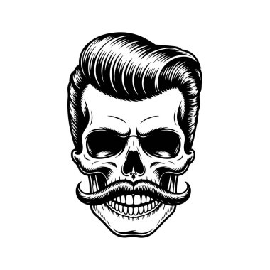 Pompadour saç stili ve kalın bıyıklı bir kafatası tasviri. Modern berber dükkanları için mükemmel hippi tarzı grafikler..