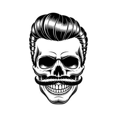 Pompadour saç stili ve kalın bıyıklı bir kafatası tasviri. Modern berber dükkanları için mükemmel hippi tarzı grafikler..