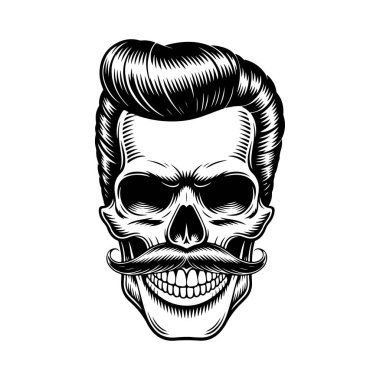 Pompadour saç stili ve kalın bıyıklı bir kafatası tasviri. Modern berber dükkanları için mükemmel hippi tarzı grafikler..