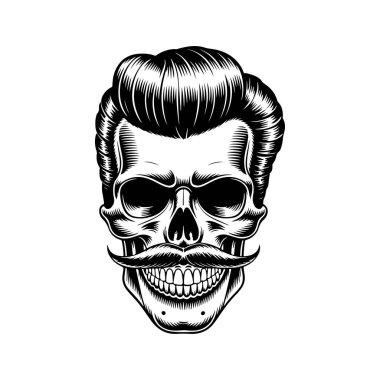 Pompadour saç stili ve kalın bıyıklı bir kafatası tasviri. Modern berber dükkanları için mükemmel hippi tarzı grafikler..