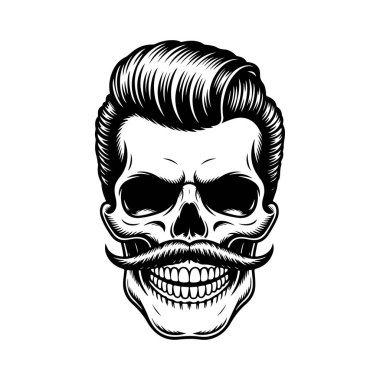 Pompadour saç stili ve kalın bıyıklı bir kafatası tasviri. Modern berber dükkanları için mükemmel hippi tarzı grafikler..