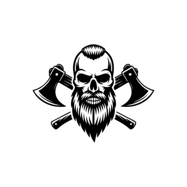 Sakallı, sakallı, sakallı, sakallı ve iki çapraz savaş baltalı Viking kafatasının güçlü bir temsili. Logo ve giysi için vahşi savaşçı temalı tasarım.
