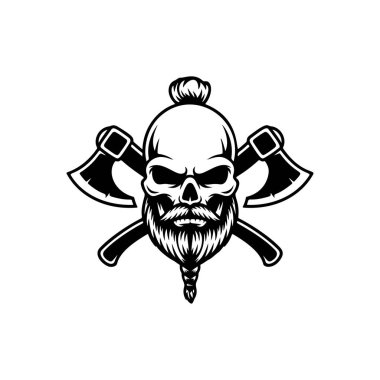 Sakallı, sakallı, sakallı, sakallı ve iki çapraz savaş baltalı Viking kafatasının güçlü bir temsili. Logo ve giysi için vahşi savaşçı temalı tasarım.