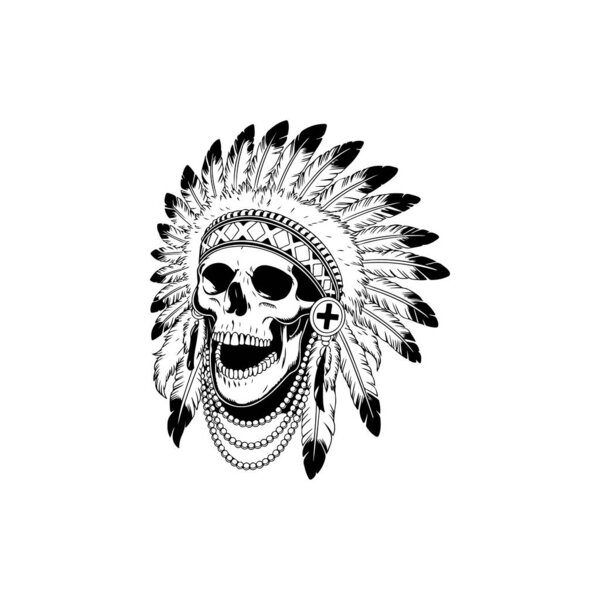 black and white vector of a human skull wearing a traditional Native American feathered war bonnet headdress with beaded accents and intricate line work.
