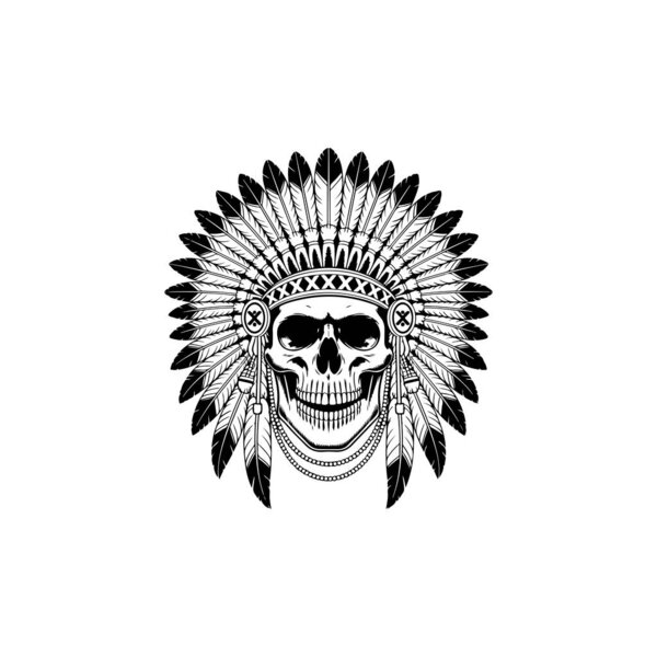 black and white vector of a human skull wearing a traditional Native American feathered war bonnet headdress with beaded accents and intricate line work.