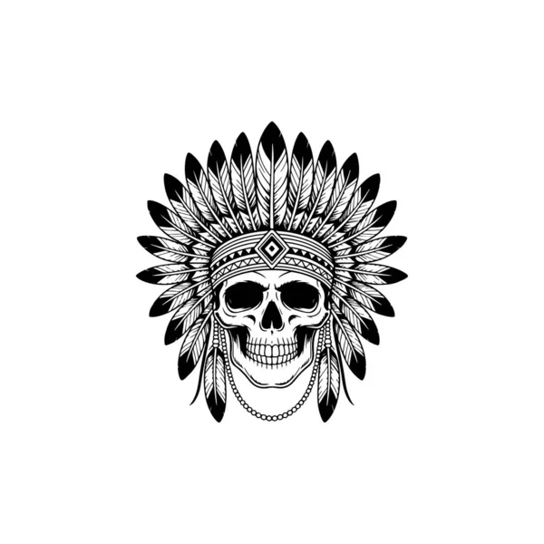 Geleneksel Amerikan Yerlisi tüylü, boncuklu savaş başlığı takan bir insan kafatasının siyah ve beyaz vektörü..