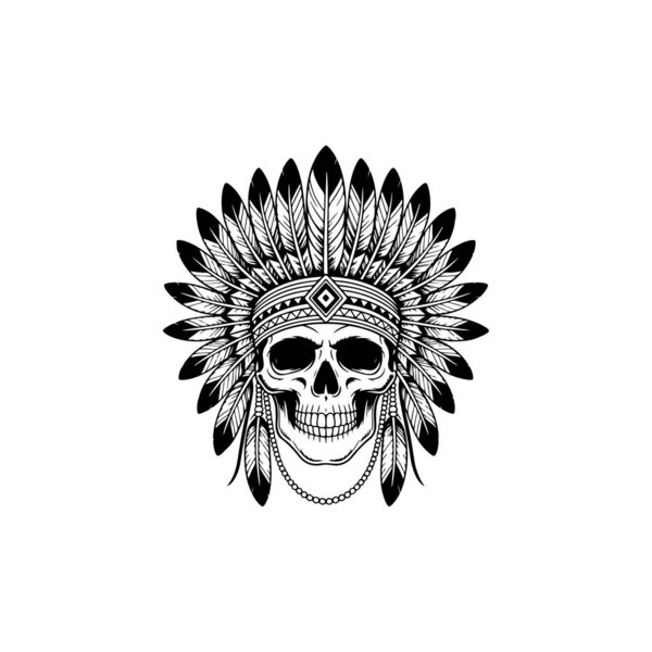 black and white vector of a human skull wearing a traditional Native American feathered war bonnet headdress with beaded accents and intricate line work.