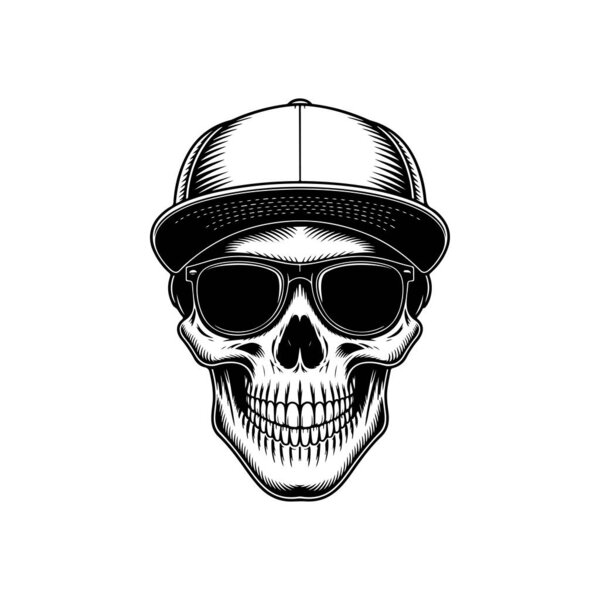 Black and white vector illustration of a human skull wearing a baseball cap and dark sunglasses. Modern urban streetwear style graphic for logos, posters and prints.
