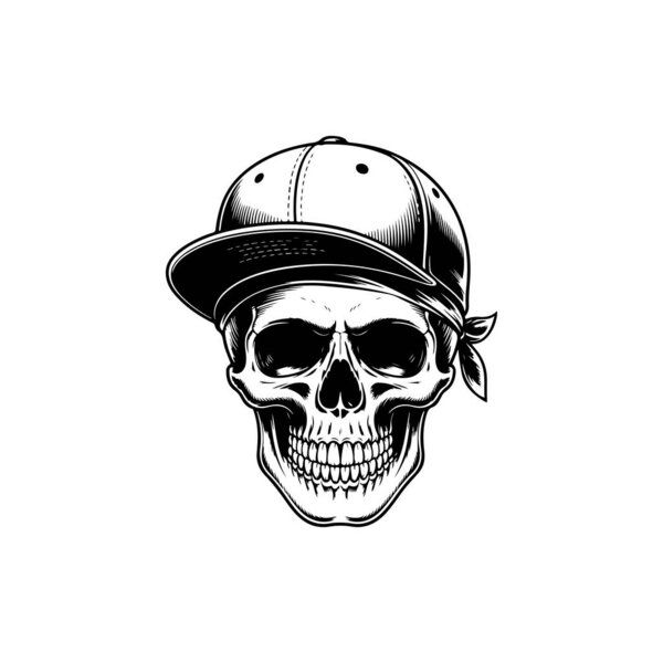 Edgy black and white vector of a human skull wearing a bandana under a baseball cap, combining classic street style with a skeletal motif.
