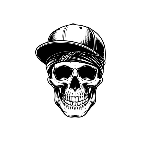 Edgy black and white vector of a human skull wearing a bandana under a baseball cap, combining classic street style with a skeletal motif.