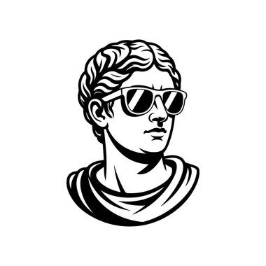 Modern güneş gözlüğü takan klasik bir Roma büstü koyu siyah beyaz çizgi sanatı ile çizilmiş, antik heykel tarzıyla modern moda yeteneği harmanlamıştır..