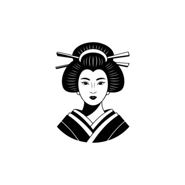 Bun saç stili, çiçek desenli ve geleneksel kimono yakalı siyah geyşa simgesi beyaz arka planda basit ve kalın şekillerde çizilir..