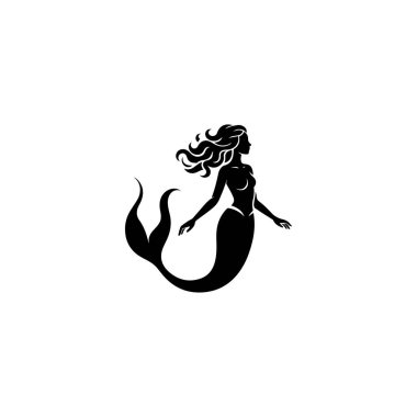 Dalgalı saçları ve kıvrık kuyruğu olan zarif bir denizkızı silueti, temiz beyaz bir arkaplanda zarif siyah şekiller çizerek profilde yüzüyor..