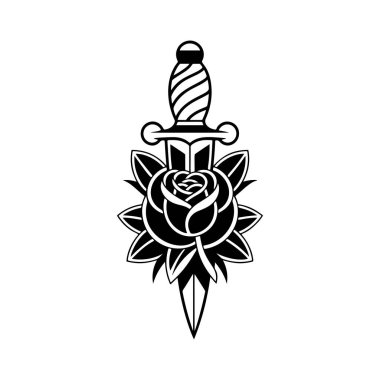 Çiçek açan bir gülü delip geçen klasik bir hançer dövme flaş kağıtları, giysi izleri, çıkartma paketleri, motosiklet tasarımları, bando ürünleri ve romantik ya da klasik markalar için mükemmel..