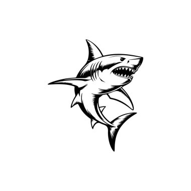 Dinamik büyük beyaz köpekbalığı maskotu, spor takımı logoları, balıkçı kulüpleri, sörf ve dalış markaları, oyun avatarları, kıyafet baskıları, çıkartmalar ve agresif deniz temalı tasarımlar için ideal..