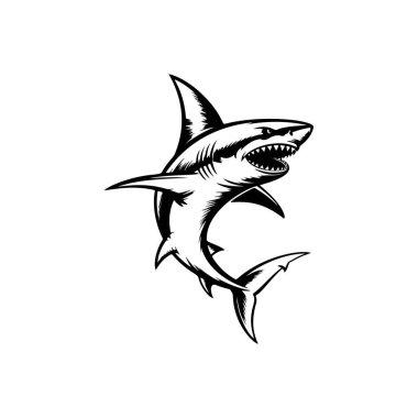 Dinamik büyük beyaz köpekbalığı maskotu, spor takımı logoları, balıkçı kulüpleri, sörf ve dalış markaları, oyun avatarları, kıyafet baskıları, çıkartmalar ve agresif deniz temalı tasarımlar için ideal..