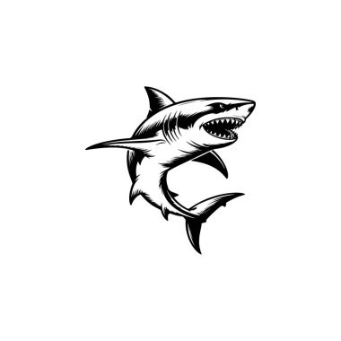 Dinamik büyük beyaz köpekbalığı maskotu, spor takımı logoları, balıkçı kulüpleri, sörf ve dalış markaları, oyun avatarları, kıyafet baskıları, çıkartmalar ve agresif deniz temalı tasarımlar için ideal..