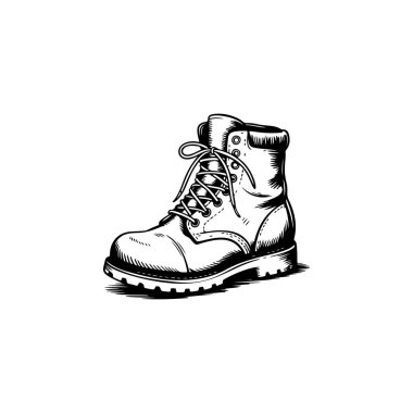 Ayrıntılı bağcıklı ve tabanlı klasik bir yürüyüş botu, açık hava vites logoları, kamp rozetleri, yürüyüş kıyafetleri, klasik macera etiketleri ve seyahat temalı markalar için mükemmel..