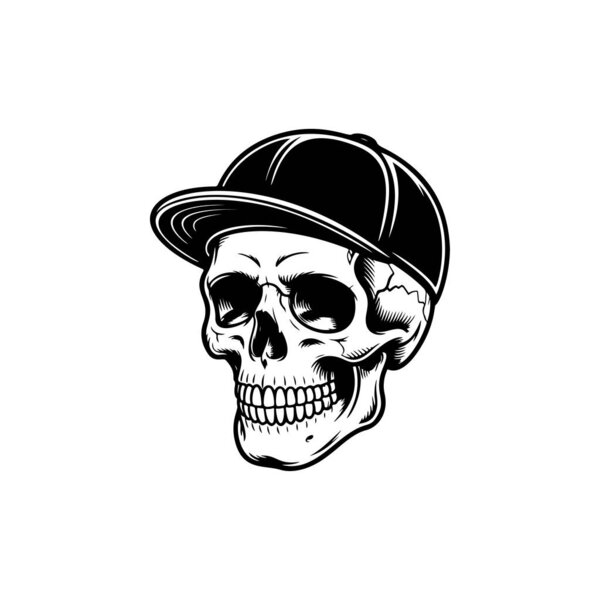 A streetwear skull mascot in a baseball cap, perfect for urban apparel prints, sticker packs, skate and hip hop branding, music merch, logo designs and edgy tattoo inspired artwork.