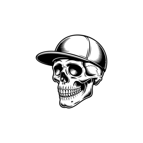 A streetwear skull mascot in a baseball cap, perfect for urban apparel prints, sticker packs, skate and hip hop branding, music merch, logo designs and edgy tattoo inspired artwork.