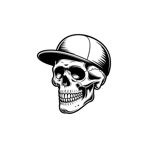 A streetwear skull mascot in a baseball cap, perfect for urban apparel prints, sticker packs, skate and hip hop branding, music merch, logo designs and edgy tattoo inspired artwork.