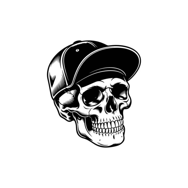 A streetwear skull mascot in a baseball cap, perfect for urban apparel prints, sticker packs, skate and hip hop branding, music merch, logo designs and edgy tattoo inspired artwork.