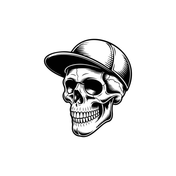 A streetwear skull mascot in a baseball cap, perfect for urban apparel prints, sticker packs, skate and hip hop branding, music merch, logo designs and edgy tattoo inspired artwork.