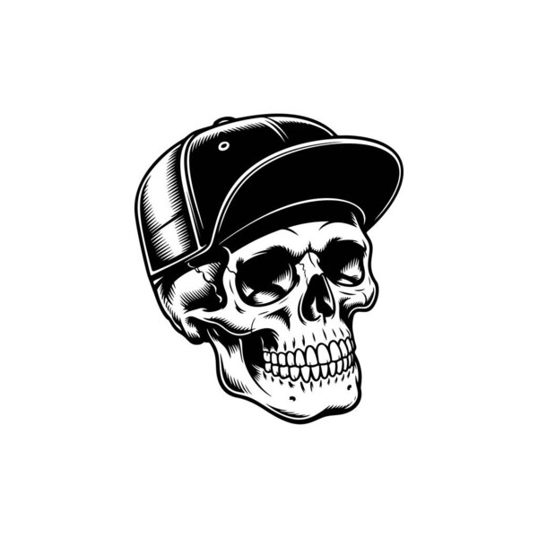A streetwear skull mascot in a baseball cap, perfect for urban apparel prints, sticker packs, skate and hip hop branding, music merch, logo designs and edgy tattoo inspired artwork.